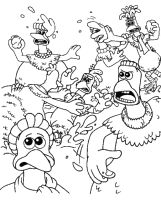 A coloring page of chicken run